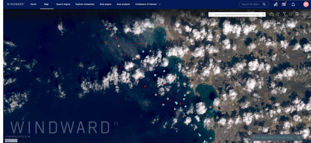 Satellite imagery again shows a mix of transmitting and non-transmitting vessels in Venezuela’s waters on January 6, 2025. Source: Windward Maritime AI™ Platform.