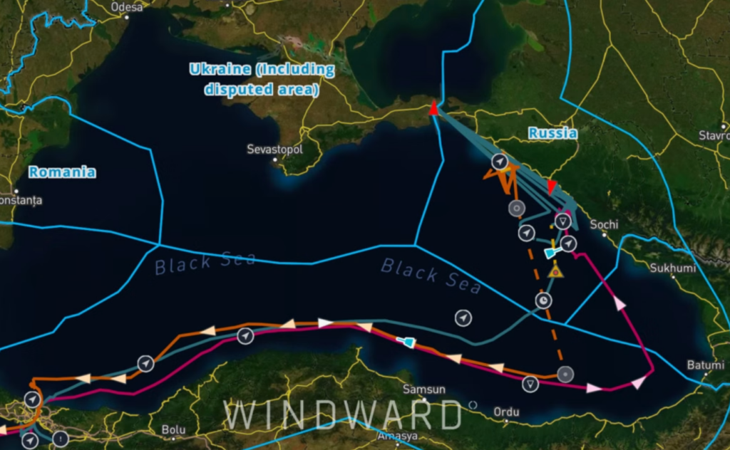 Sanctioned vessels are seen “hugging” Türkiye’s coastline to avoid Ukrainian drone strikes. Source: Windward Maritime AI™ Platform