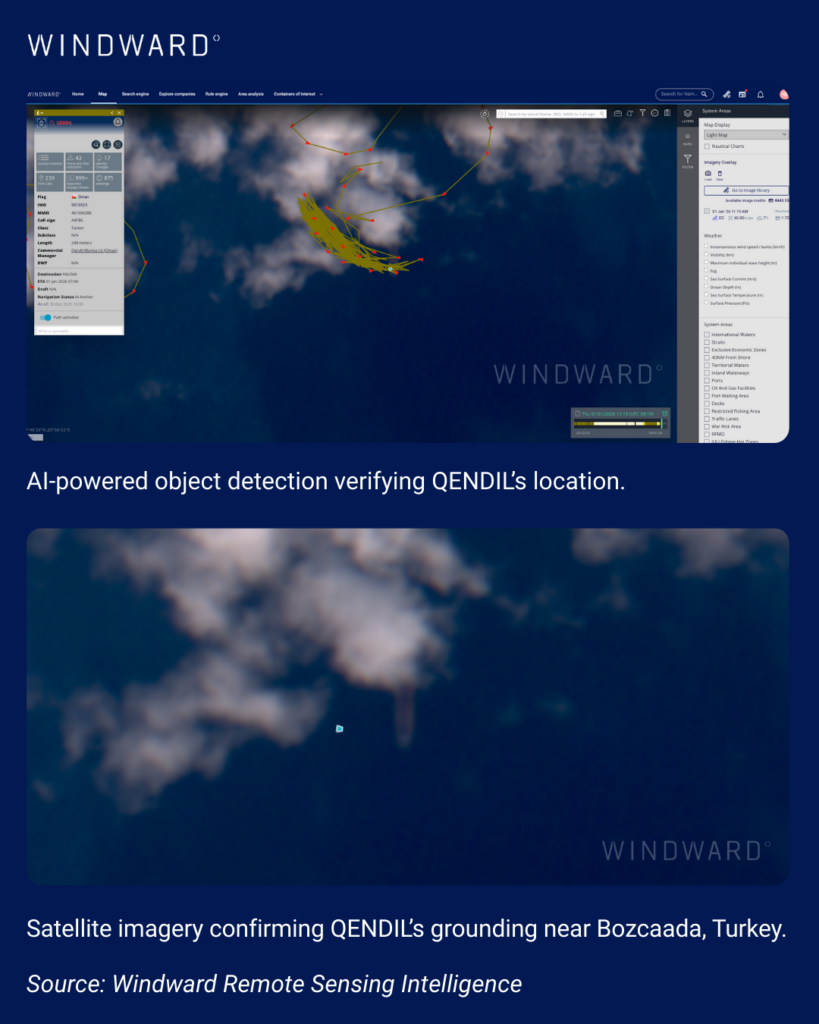 Satellite imagery confirming QENDIL's grounding near Turkey. Source: Windward Remote Sensing Intelligence.