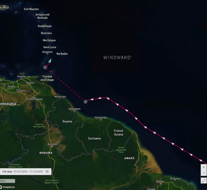 Skipper’s AIS reappeared on December 10, 360 nautical miles from its last spoofed signal off Venezuela. Source: Windward Maritime AI™ Platform.