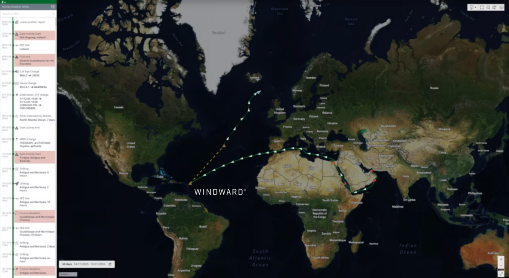 Marinera’s path since mid-November 2025. Source: Windward Maritime AI™ Platform.