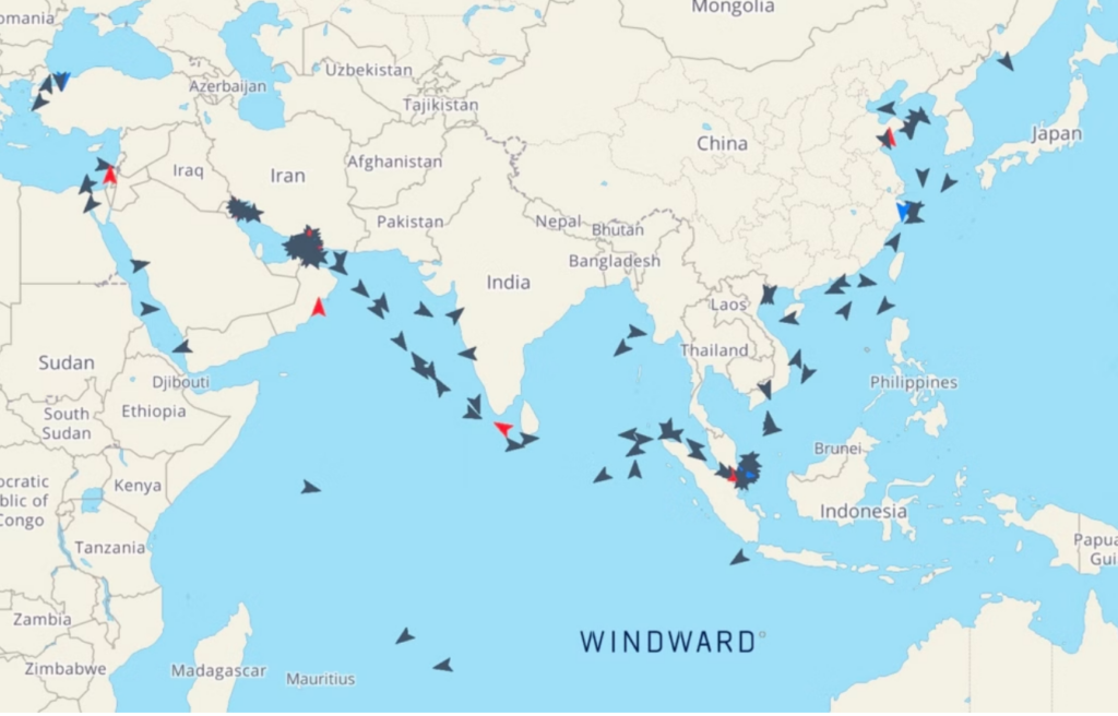 Tracking the movements of falsely-flagged Iranian-linked tankers. Source: Windward Maritime AI Platform™