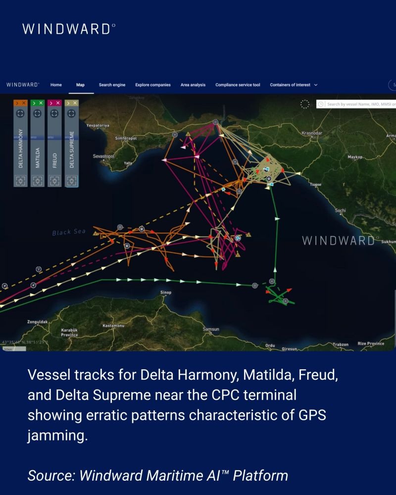 Vessel tracks for Delta Harmony, Matilda, Freud, and Delta Supreme near the CPC terminal showing erratic patterns characteristics of GPS jamming. Source: Windward Maritime AI™ Platform.