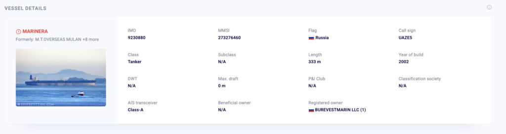 Marinera’s vessel profile. Source: Windward Maritime AI™ Platform.