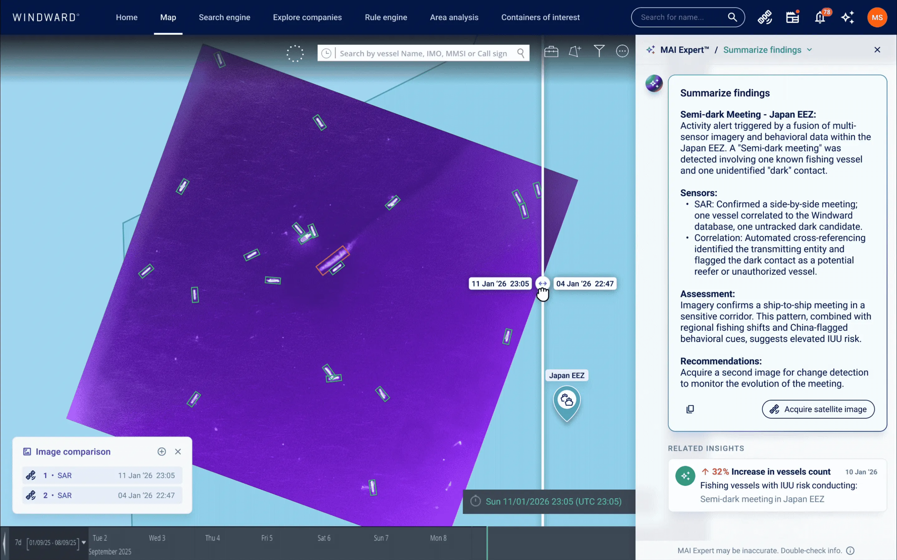 AI-Based Change Detection: Temporal analysis compares current imagery to prior collection, revealing a clear buildup of vessels over time and establishing a pattern rather than a single snapshot.