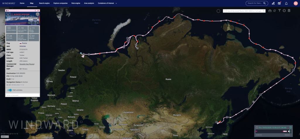 The Aleksey Kosygin’s voyage via the Northern Sea Route.
Source: Windward Maritime AI™ Platform.