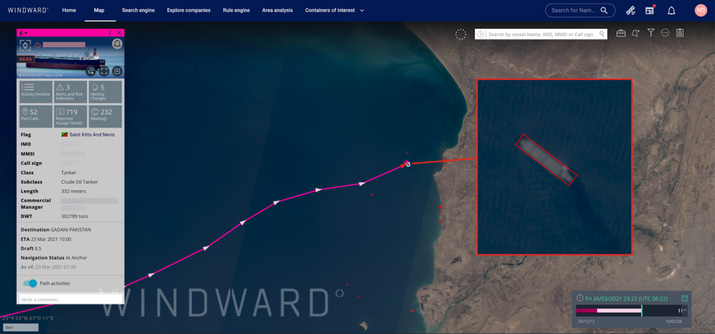 The vessel anchored near the scrapyard in Pakistan, March 2021. Source: Windward Maritime AI™ Platform.