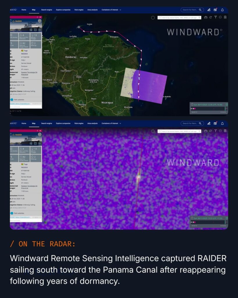 Windward Remote Sensing Intelligence captured RAIDER vessel sailing toward the Panama Canal.