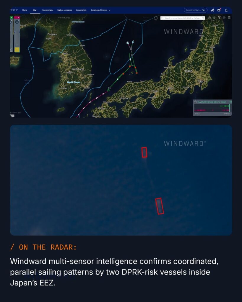 Windward multi-sensor intelligence confirms coordinated, parallel sailing patterns by two DPRK-risk vessels inside Japan's EEZ.