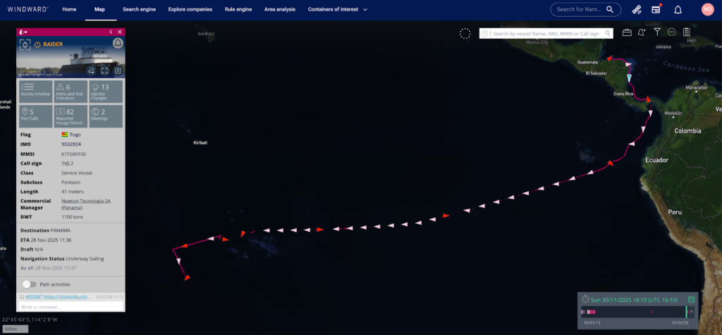 RAIDER’s operational track from reappearance in November 2025 through its interdiction in January 2026, highlighting its movement across key regions.
Source: Windward Maritime AI™ Platform.