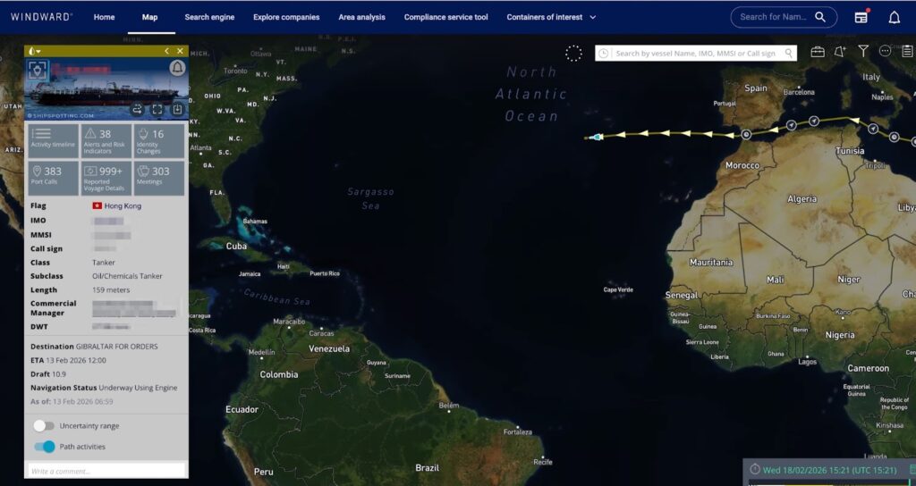 The medium-range product tanker is currently signaling arrival in Cuba on March 2, based on AIS destination data. Source: Windward Maritime AI™.