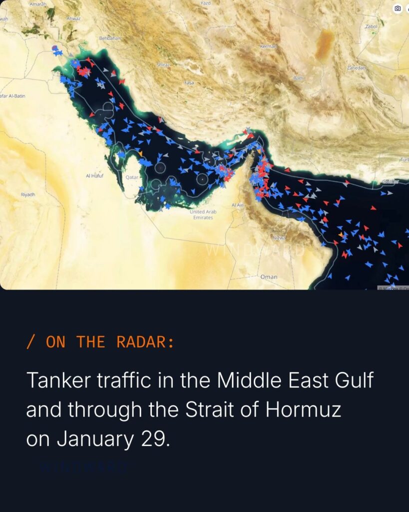 Tanker traffic in the Middle East Gulf and through the Strait of Hormuz on January 29, 2026, Windward.