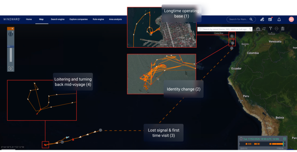 The supply ship’s recent voyage to the French Polynesian EEZ, February 17, 2026.
Source: Windward Maritime AI™ Platform