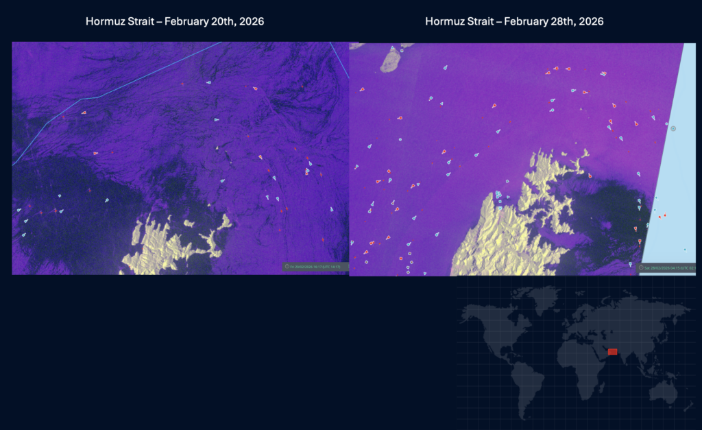 Traffic of vessels in the Strait of Hormuz, 20 February / 28 February 2026.
Source: Windward Remote Sensing Intelligence