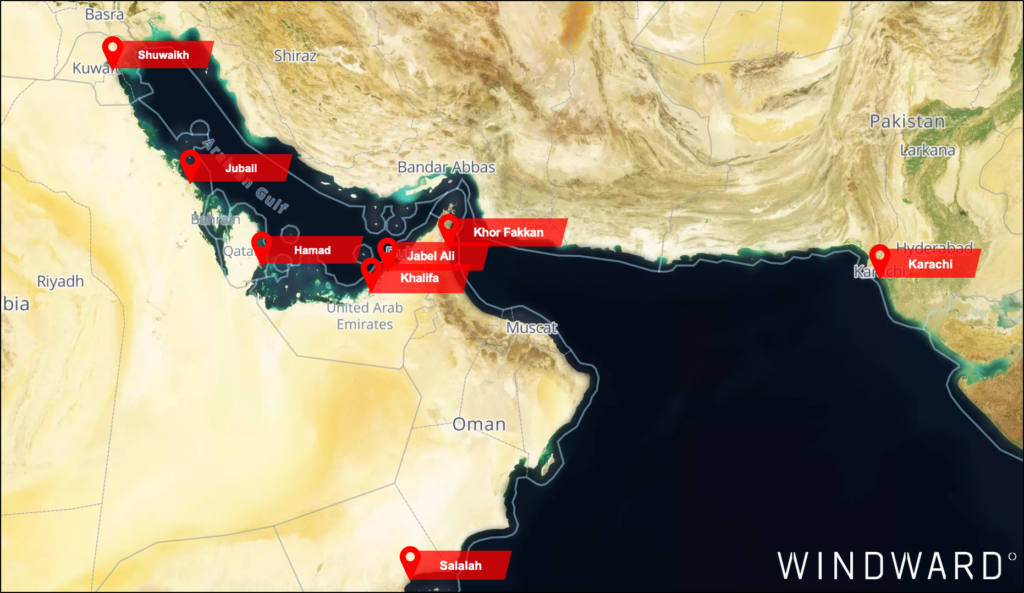 Congested ports in the Gulf region between March 11 and March 17, 2026. Source: Windward Maritime AI™ Platform.