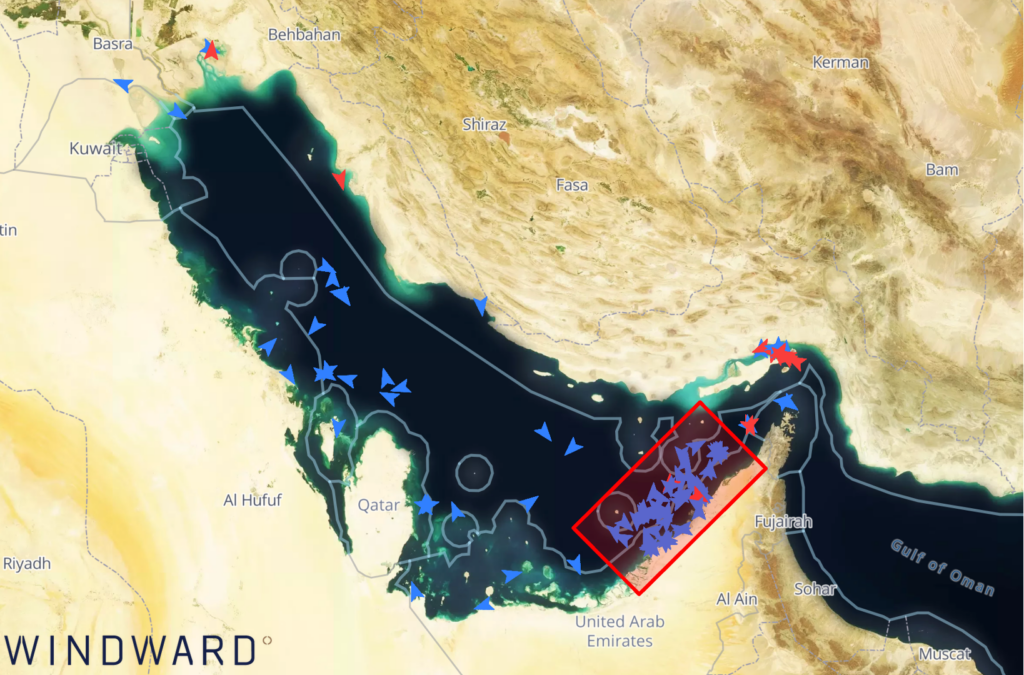 Container vessels in the Arabian Gulf, March 18, 2026. Source: Windward Maritime AI™ Platform.