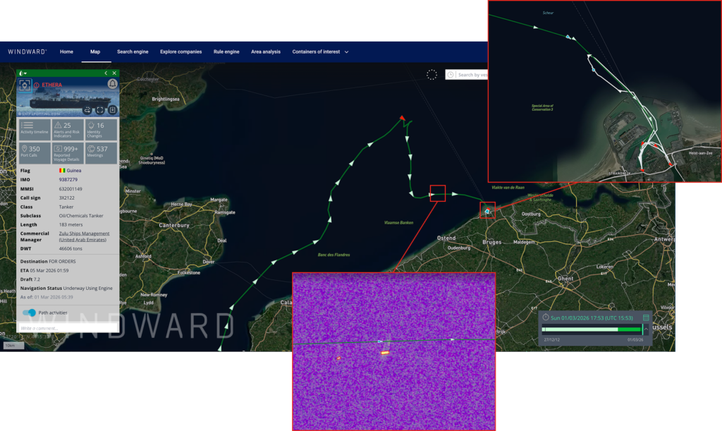 The Ethera was captured via SAR image on March 1, 2026, at 6:06 am UTC. It is being tailed by a non-transmitting vessel, possibly a military escort. The Ethera is then seen being escorted to Zeebrugge Port by a Belgian military vessel. Source: Windward Maritime AI™ Platform.