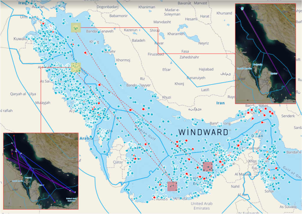 GPS jamming impact on the Arabian Gulf, March 18, 2026. Source: Windward Maritime AI™ Platform.
