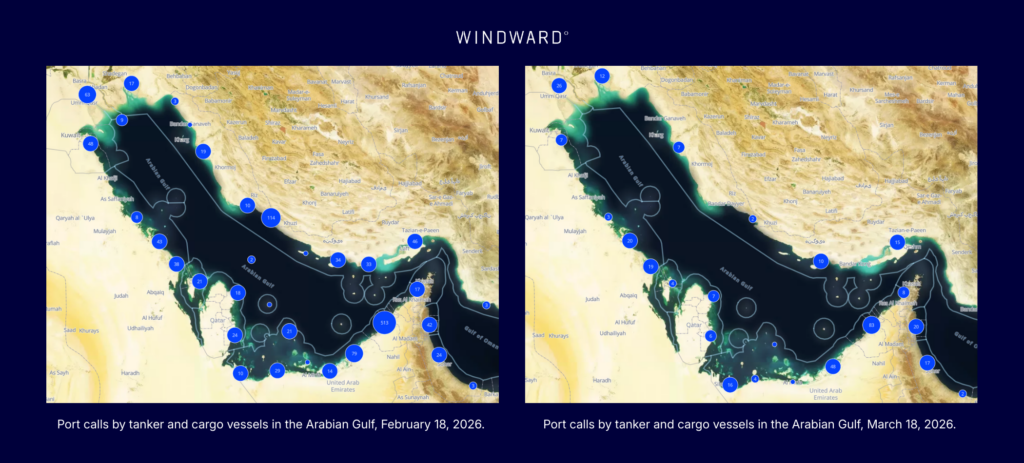 Port calls by tanker and cargo vessels in the Arabian Gulf, Windward.