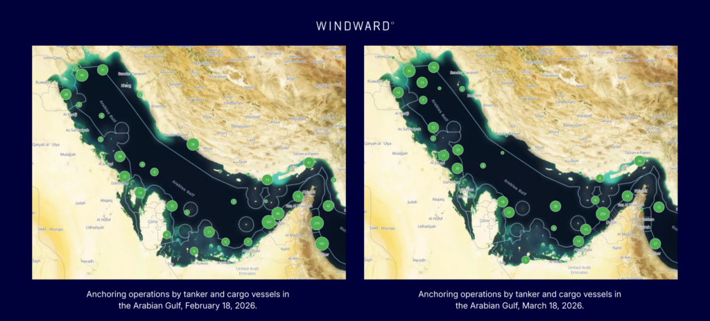 Anchoring operations by tankers and cargo vessels in the Arabian Gulf, Windward.