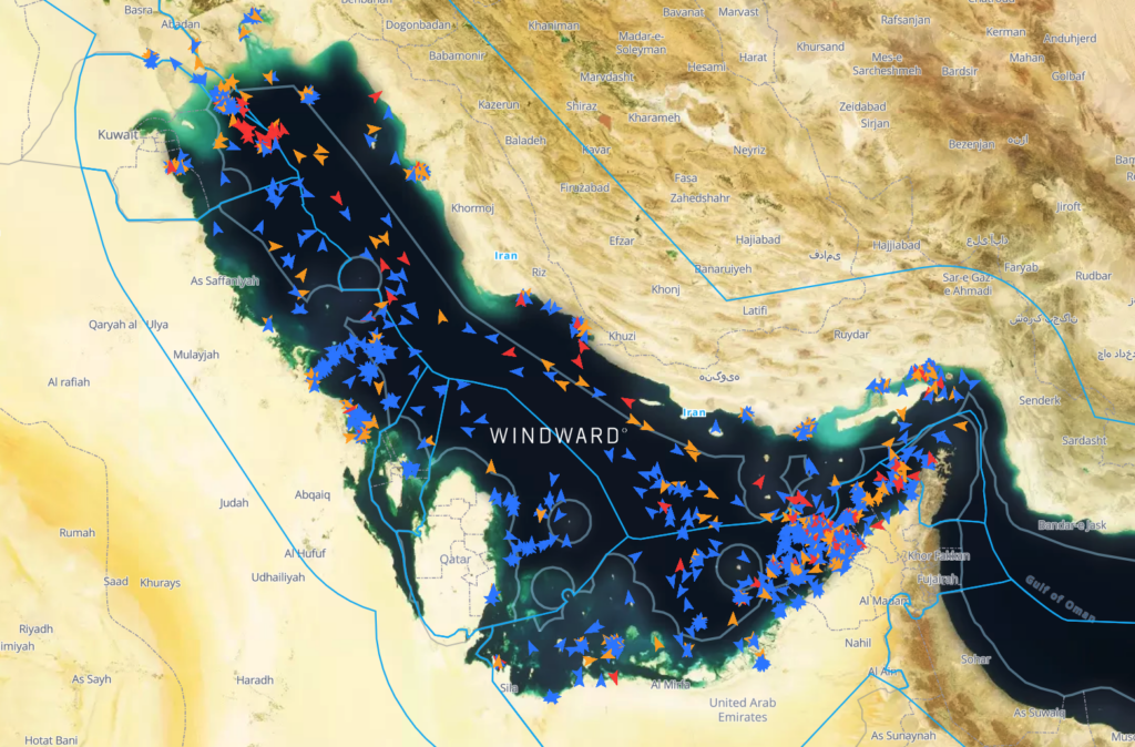 Tankers and cargo vessels in the Arabian Gulf, March 19, 2026. Source: Windward Maritime AI™ Platform.