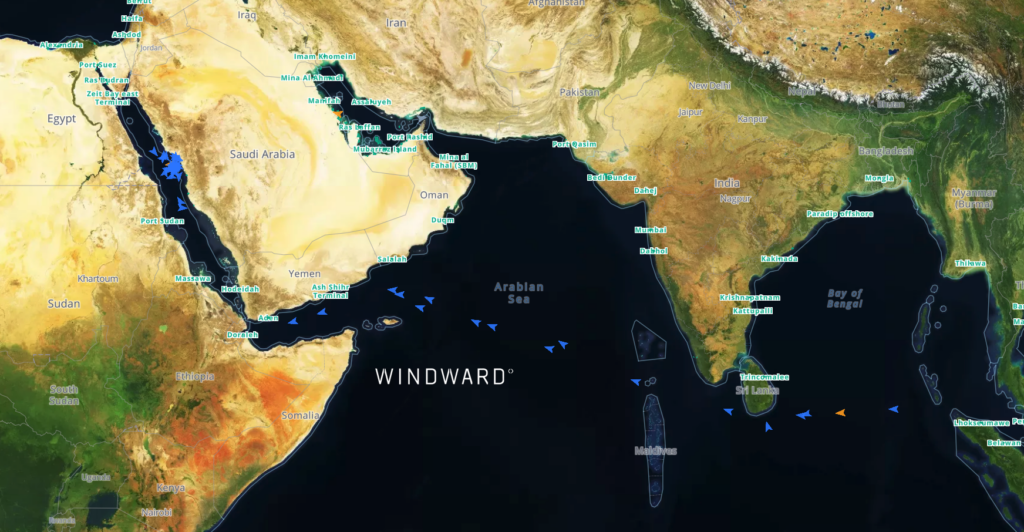 VLCCs underway to the King Fahd Industrial Port, Yanbu, Saudi Arabia, March 18, 2026. Source: Windward Maritime AI™ Platform.