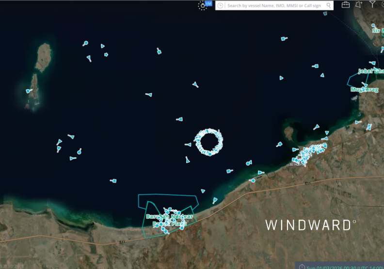 Electronic interference is placing ships’ AIS signals off a nuclear power plant (middle), over an airfield (right), and creating crop-circle-type patterns in surrounding waters. Source: Windward Maritime AI™.