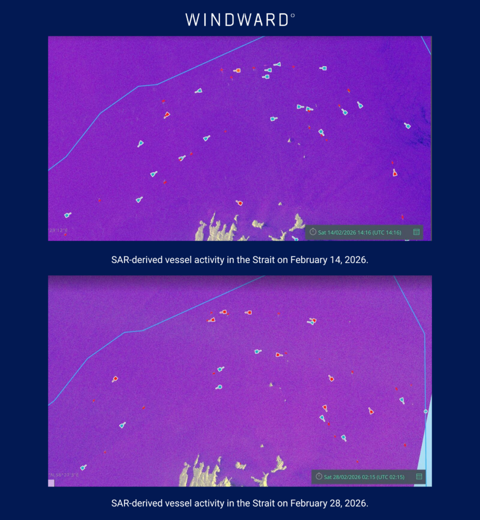 SAR imagery of vessel activity in the Strait on February 14 and 28. Source: Windward Maritime AI™.