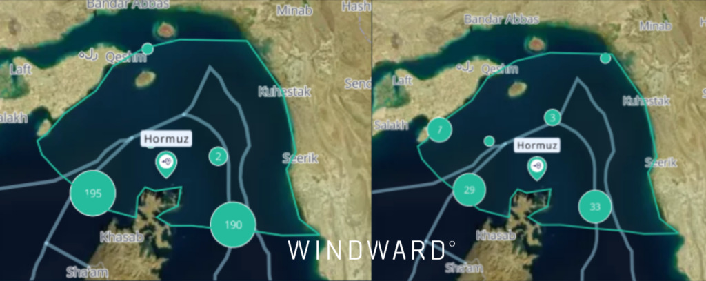 Hormuz Strait transits by bulk carriers 10-day period prior to Operation Epic Fury (left), and during Operation Epic Fury (right). Source: Windward Maritime AI™ Platform.