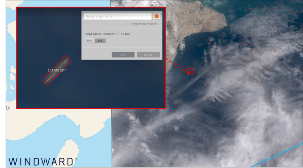 Imagery of a large dark vessel (possibly a VLCC - 330m) in Hormuz on March 8, 07:02 UTC. Source: Windward Remote Sensing Intelligence.