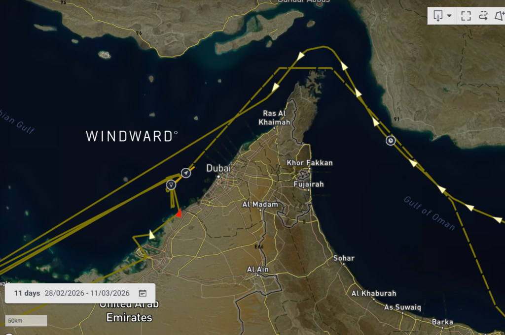 The Mayuree Naree transiting the strait before going dark. Source: Windward Maritime AI™ Platform.