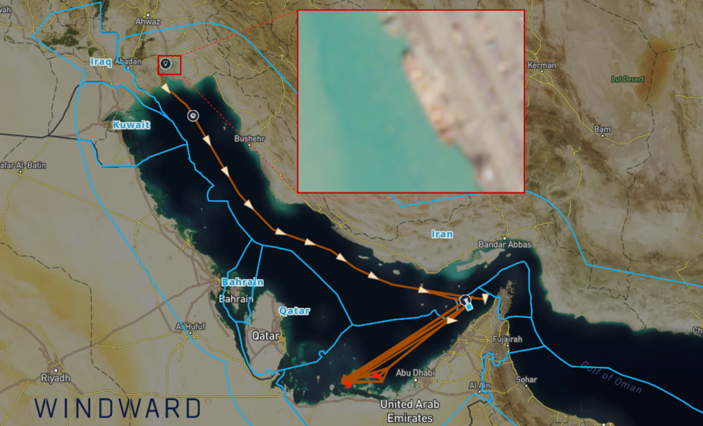 The Star Gwyneth’s vessel path, up until its attack. Source: Windward Maritime AI™ Platform.