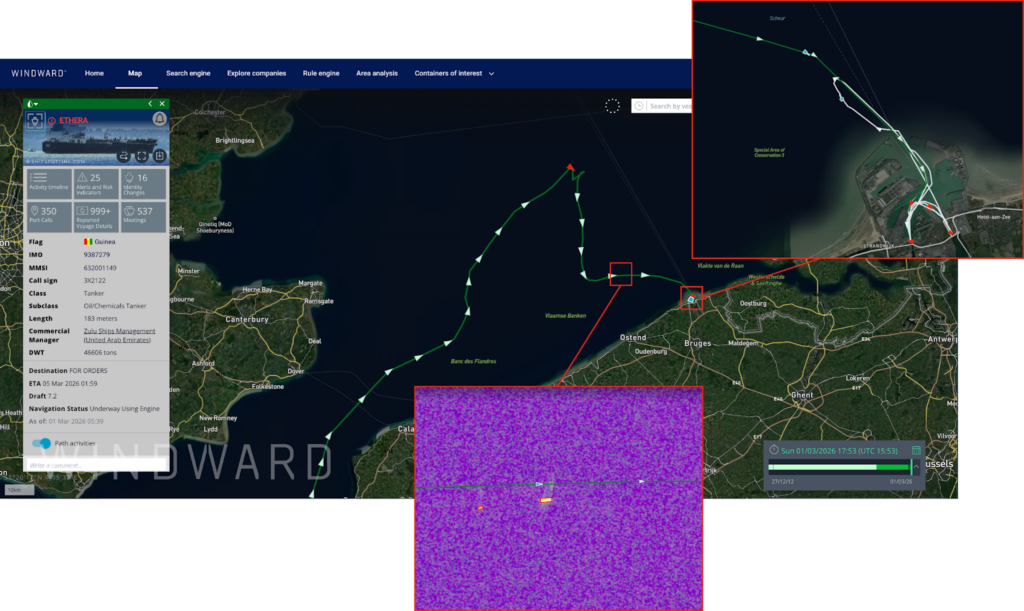 The Ethera was captured via SAR imagery on March 1, 2026, at 6:06 am UTC. It is being tailed by a non-transmitting vessel, possibly a military escort. The Ethera is then seen being escorted to Zeebrugge Port by a Belgian military vessel. Source: Windward Maritime AI™ Platform.