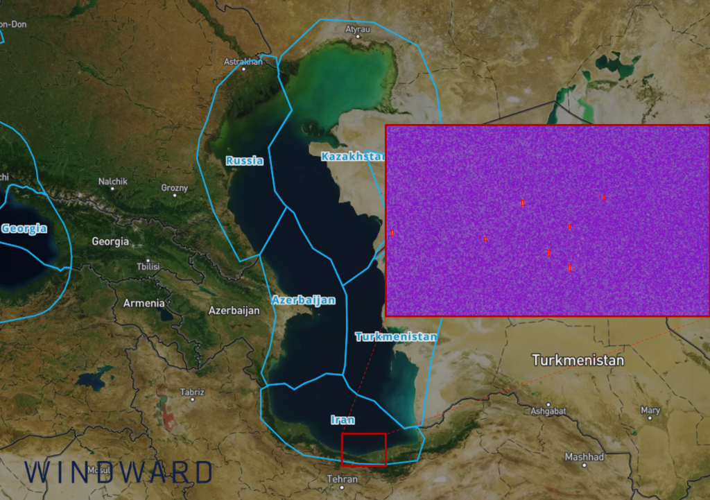 Dark vessels off the NEKA oil terminal, Iran, March 6, 2026. Source: Windward Remote Sensing Intelligence.