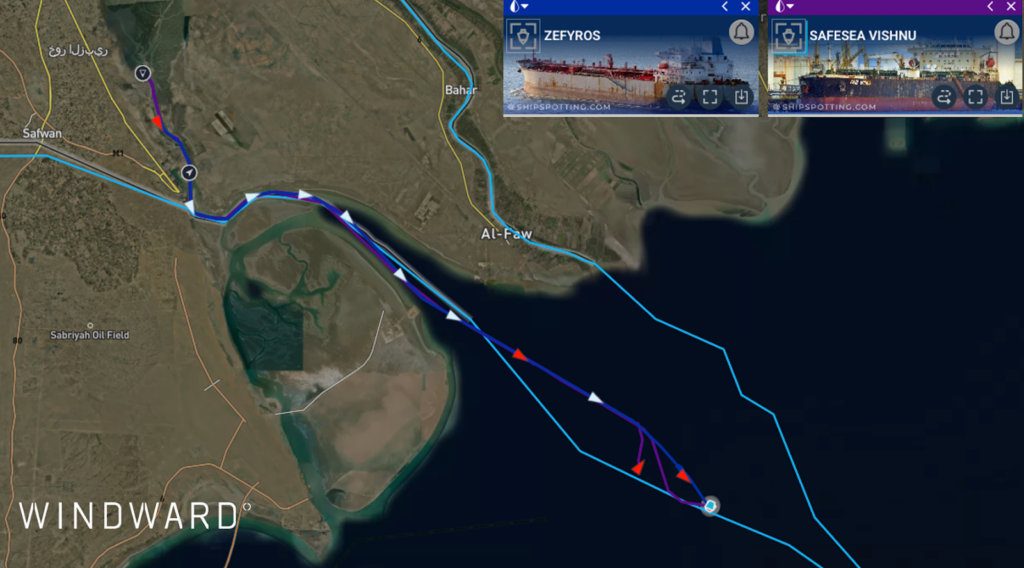 The two tankers conducting a ship-to-ship transfer when they were hit. Source: Windward Maritime AI™ Platform.
