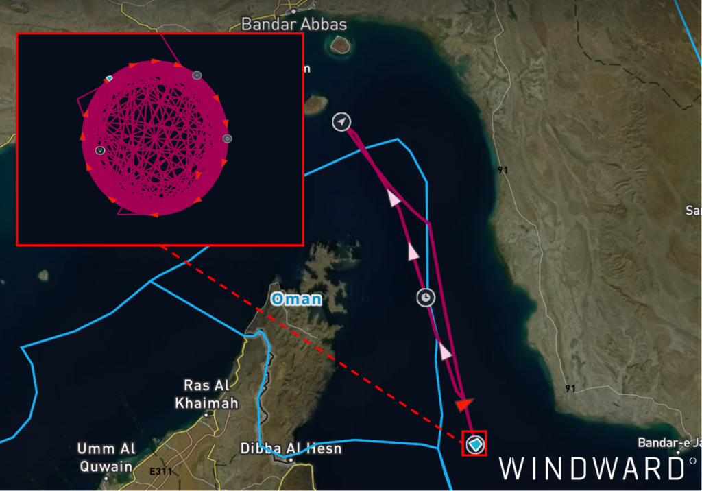 PING SHUN broadcast a circular movement pattern in the Gulf of Oman. Source: Windward Maritime AI™ Platform.