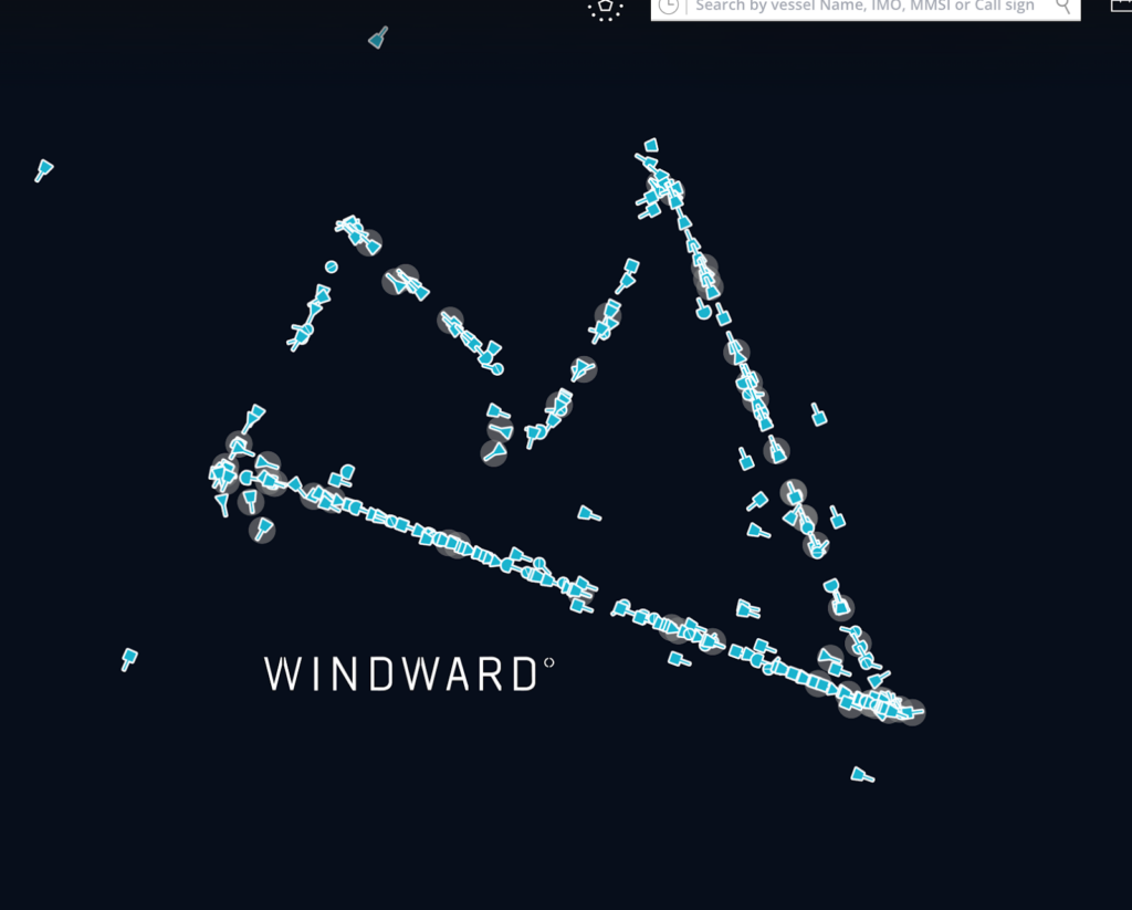 Ships’ AIS signals are being thrown into zig-zag patterns in two clusters in the Gulf of Oman. Source: Windward Maritime AI™ Platform.