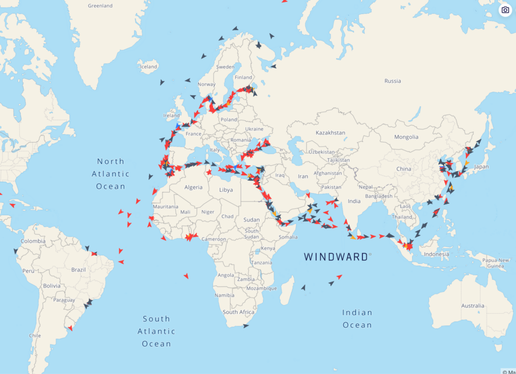 The roughly 377 tankers in floating storage or in transit with Russian oil that have yet to discharge at ports, with 44% of these ships currently subject to Western sanctions. Source: Windward Maritime AI™ Platform.