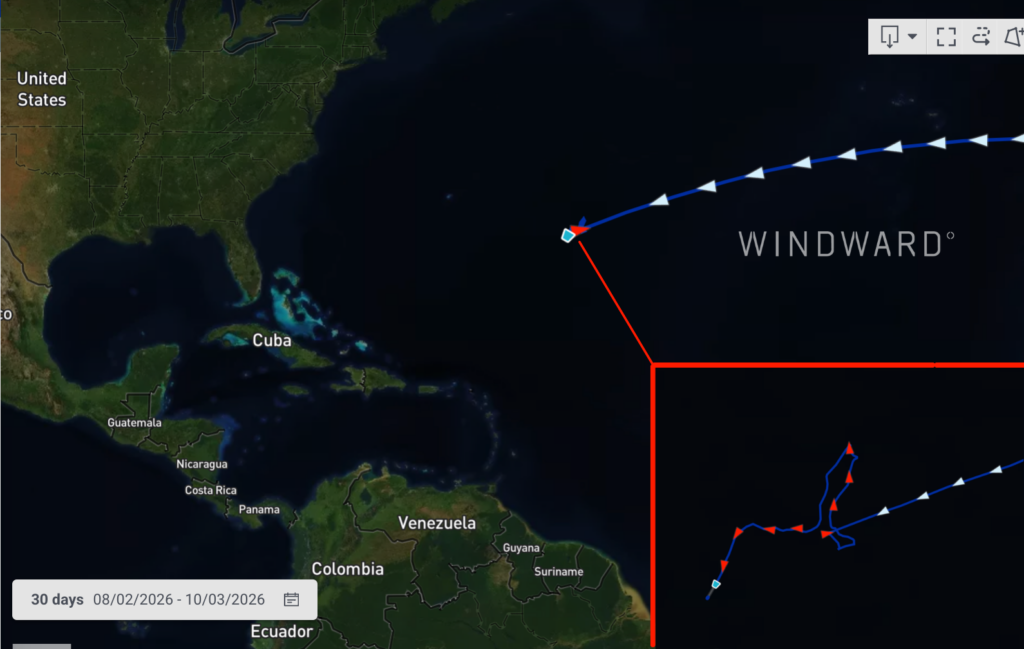 Vessel path and AIS activity of the tanker SEA HORSE approaching Cuban waters. Source: Windward Maritime AI™ Platform.