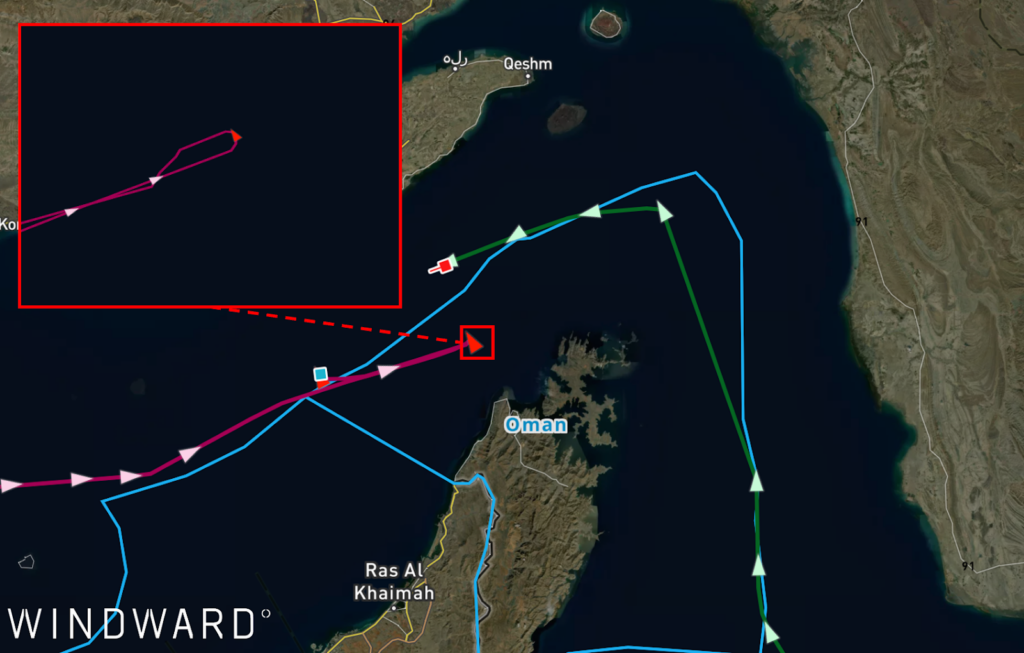 A bulk carrier successfully transited the Strait (inbound) after broadcasting a “CHINA CREW” signal, whereas another bulk carrier using the same destination broadcast aborted its entry (outbound) and performed a U-turn. Source: Windward Maritime AI™ Platform.