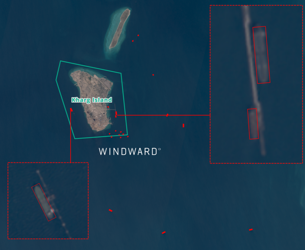 Tankers loading at Kharg, March 7, 2026. Source: Windward Maritime AI™ Platform.