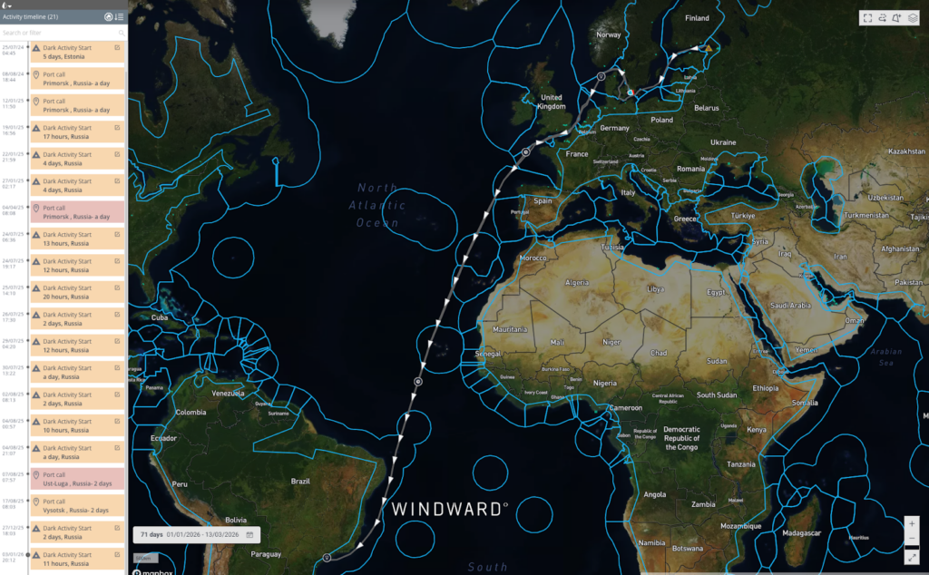 SEA OWL I vessel path. Source: Windward Maritime AI™ Platform.