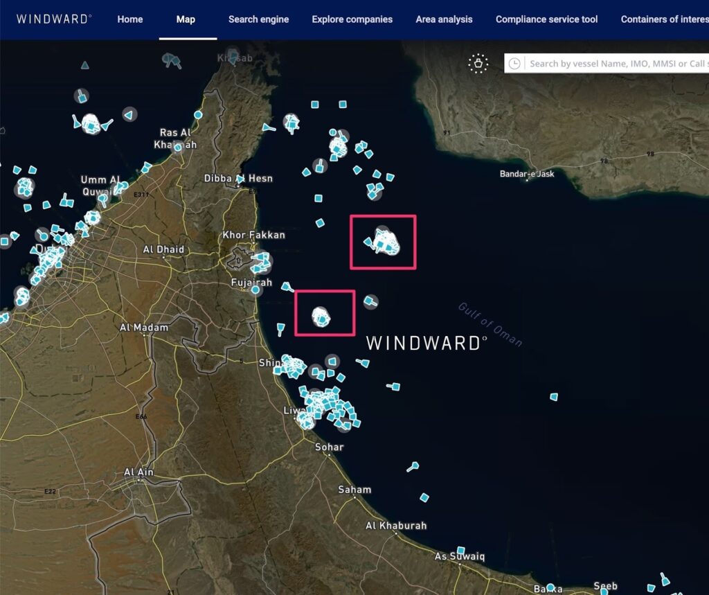 GPS jamming is concentrating ships’ AIS into clusters of several hundred vessels off the Gulf of Oman. Source: Windward Maritime AI™ Platform.