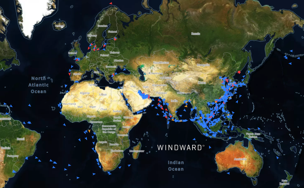 Laden tankers underway to the Asian Market. Source: Windward Maritime AI™ Platform.
