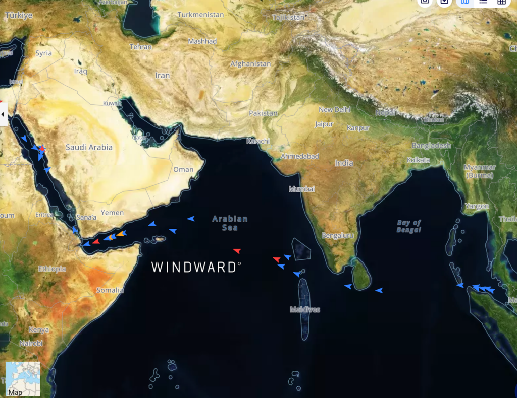 VLCCs and large crude tankers currently reporting Yanbu as their destination. Source: Windward Maritime AI™ Platform.