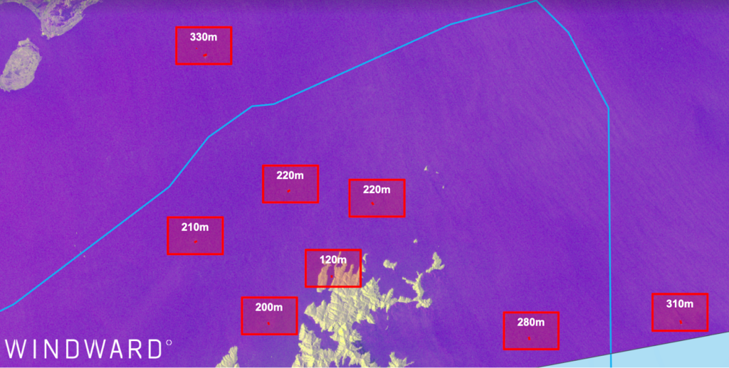 SAR imagery of the non-transmitting vessels in the Strait of Hormuz as of March 10, 14:16 UTC. Source: Windward Remote Sensing Intelligence.