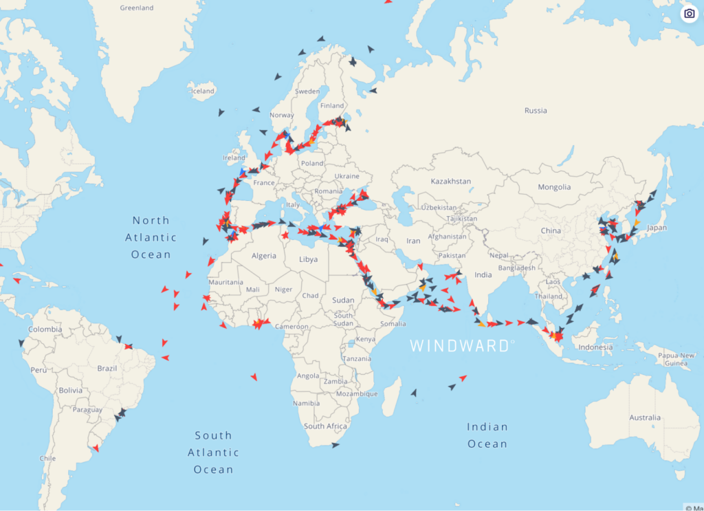 Tankers in floating storage or in transit with Russian oil that have yet to discharge at ports. Source: Windward Maritime AI™ Platform.