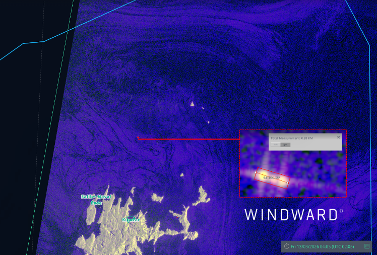 SAR image of the Strait of Hormuz, March 13, 2026. Source: Windward Remote Sensing Intelligence.