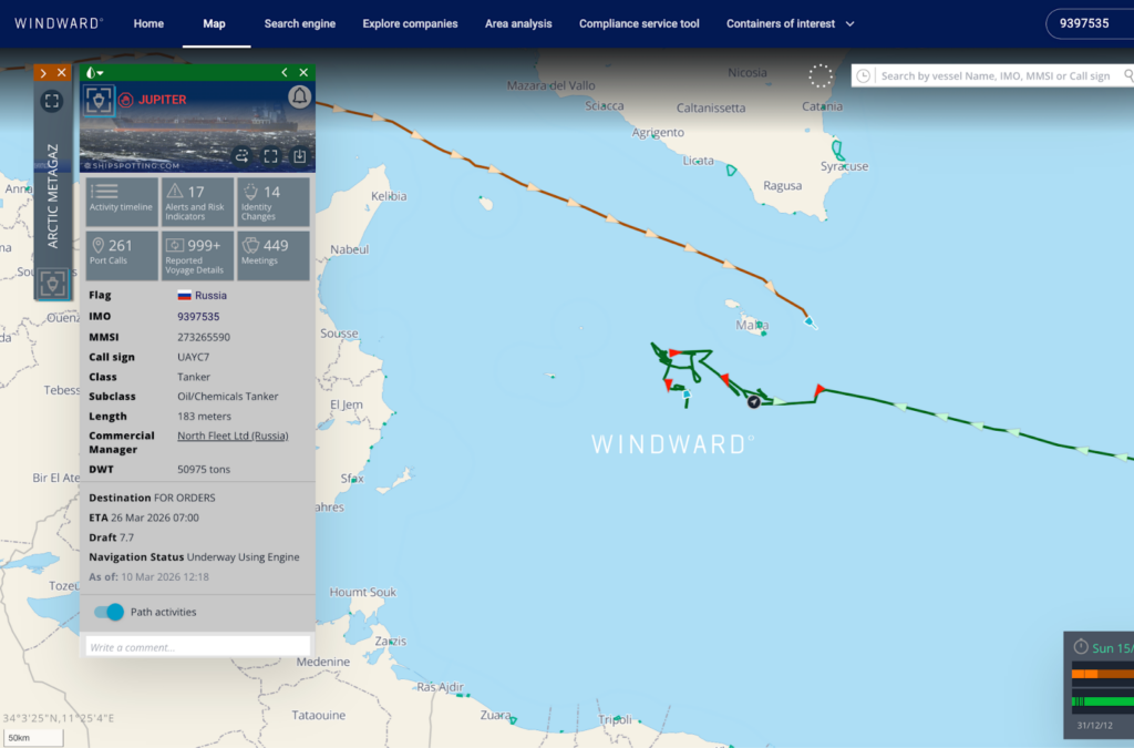 Russian tanker approaching the Arctic Metagaz platform, which has been loitering since March 9. Source: Windward Maritime AI™ Platform.