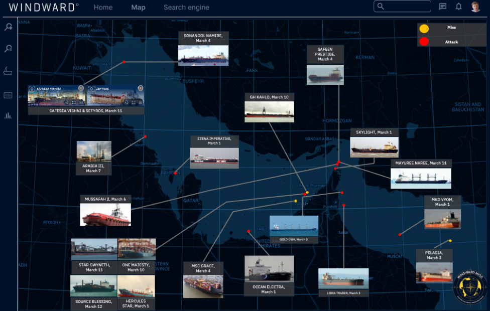 Map of vessel attacks since the start of the Iran War. Source: Windward.